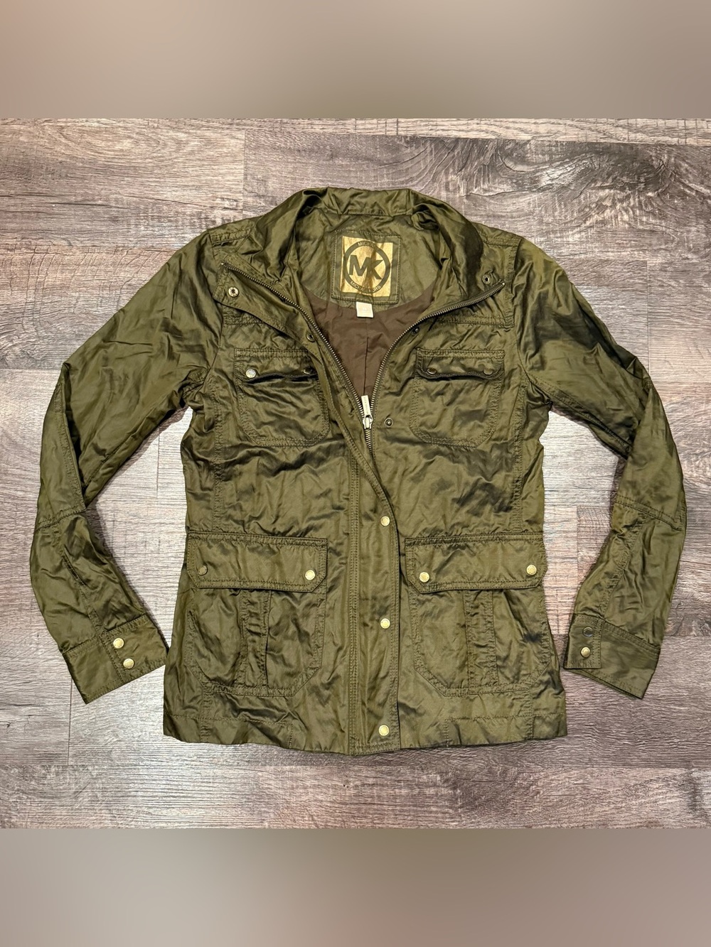 Michael Kors Olive Green Military Utility Style Jacket XS Gold Hardware Full Zip